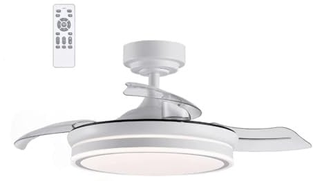 CLAR - Ventilador Techo Aspas Retráctiles, Ventilador de Techo con Luz, Silencioso con Mando, Aspas Plegables y Motor Reversible, Ceiling Fan with Light 48W (Pack 1)