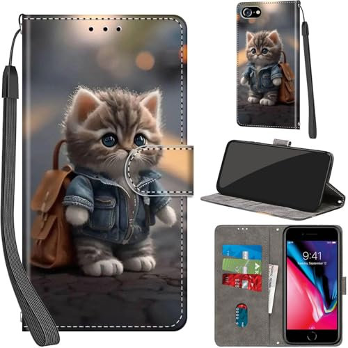 Handyhülle für iPhone SE 2022/SE 2020/iPhone 8/iPhone 7 Hülle PU Leder Schutzhülle Klappbar mit Kartenfach Ständer Handytasche mit Kameraschutz Flip Case Klapphülle, Katze