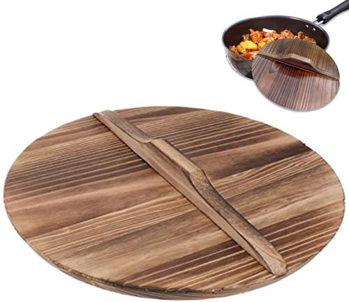 Wok Cover,Wok Lid, 12 inch Natural Wooden Wok Cover, Anti-scalding Pot Lid, Replacement Round Pot Cover with Handle for Kitchen Camping Picnic