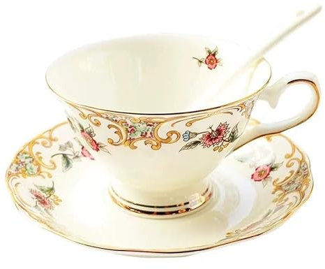 Floral Kaffeetasse aus Bone Porzellan - Europäische Tasse mit Untertasse, Vintage Blumendesign, 200 ml - Nachmittagstee Party Supplies (B)