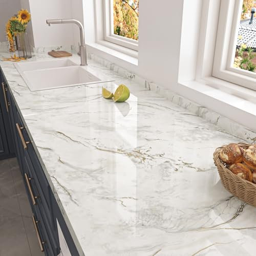 HotDecor Marble Effect Self Adhesive Vinyl Wallpaper 60 X 300cm Kitchen Counter Vinyl Wrap Worktop Vinyl Covering Washable White and Gold Sticky Back Wallpaper Marble Vinyl Wrap for Kitchen Cupboards