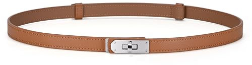 HATOFES Damen Skinny Leder Gürtel Klassische Legierung Turn Lock Damen Verstellbarer Ledergürtel Schlanker dünner Taillengürtel Bund Dekorativer Gürtel für Jeans (Karamell/Silver)