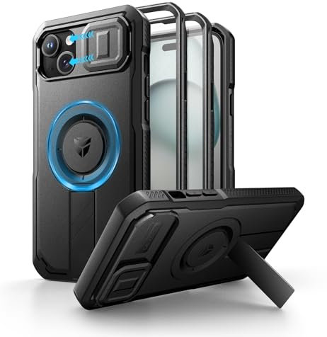 Dexnor for iPhone 15 Plus & 14 Plus Magnetic Case With Slide Camera Cover & Adjustable Kickstand & Built-in Screen Protector, Rugged Shockproof Bumper Cases Heavy-duty Cover - Night Black