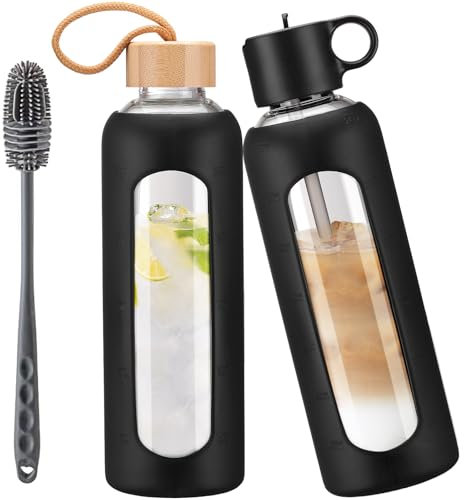 HYDRAGLAZIC 750ml Glass Water Bottle With 2 Lids-Flip Straw Lid, Bamboo Lid, Glass Water Bottle With Silicone Sleeve, Motivational Time Marker, Glass Juice Bottle for Cold Drink,Black