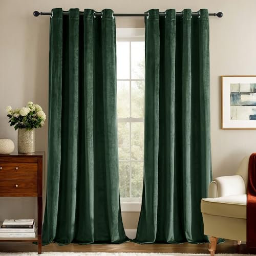 Deconovo Blickdichte Gardinen Vorhänge Blickdicht Gardine Samt Schlafzimmer Vorhang Wärmeisolierende, 245x140 cm(HöhexBreite), Waldgrün, 2er Set