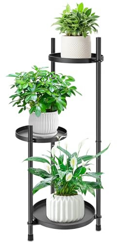 MeyRolizn 3 Etagen Blumenständer pflanzenständer Innen, Metall Ecke Blumenhocker Pflanzenregal für Mehrere Pflanzen, Moderner Pflanzentreppe Blumentreppe für Außen Balkon Garten Zimmerecke (Schwarz-B)