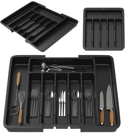Utensil Drawer Organiser 6-8 Compartment Expandable Large Cutlery Tray for Kitchen, Adjustable Silverware Flatware Holder, Plastic Kitchen Spatula Tools and Gadgets Storage Divider, Black
