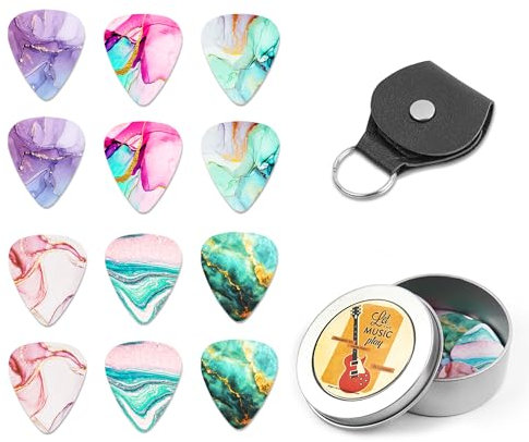 Czzmy Celluloid Gitarren Plektren Gitarren Picks 12 Stück mit Geschenkbox - Gitarrenzubehör,für Elektrische, Akustische, Bass oder Ukulele Gitarre(12-Splash Ink)