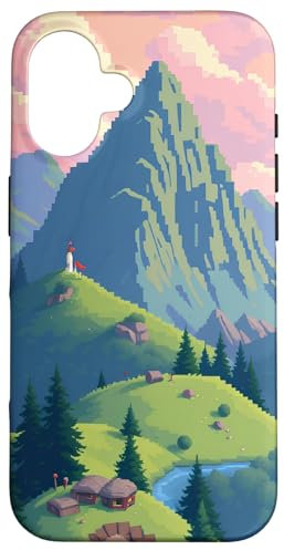 Hülle für iPhone 16 Gaming-Pixel-Landschaftsdesign im Vintage-Stil