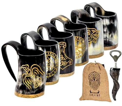 Juego de 6 tazas de chupito de cuerno vikingo, 100 % auténticas, únicas, hechas a mano, naturales, vasos de chupito de cuerno de buey | Vaso único de 2 a 3 onzas, regalo de cerveza para hombres y