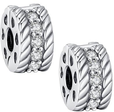 KEQ 925 Sterling Silber Spacer Charms für Armbänder/Halsketten Sparkling Clips Stopper Perlen mit 5A Zirkonia Pavé CZ Bead Charm Stopper Schmuck für Frauen