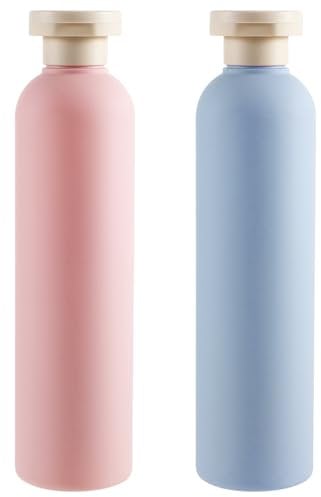 BOHUIZ 2Pcs 260ml Large Squeeze Bottles, Refillable Travel Containers Portable Leak Proof Bottles with Disc Top Flip Cap for Shampoo, Creams, Lotion, and Conditioner(Blue+Pink)