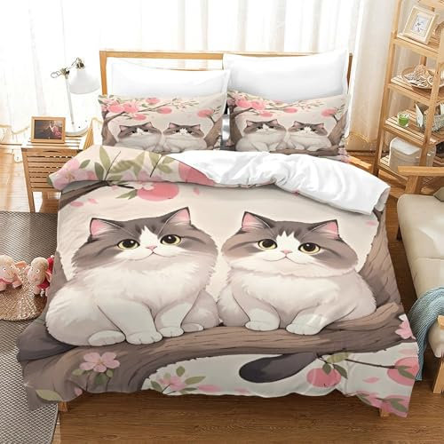 WXLWHR Duvet Cover Set Persian Cat Peach Tree 3D Printed Bedding Ultra Soft Microfiber with Zipper, Hidden Pillowcase for Teenage Boys King（220x240cm）