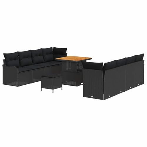 vidaXL 11-teiliges Garten-Sofa-Set mit Kissen in Schwarz aus Poly-Rattan und Akazie - perfekte Outdoor-Sitzmöbel für Deine Terrasse oder den Patios, modern und wetterfest.