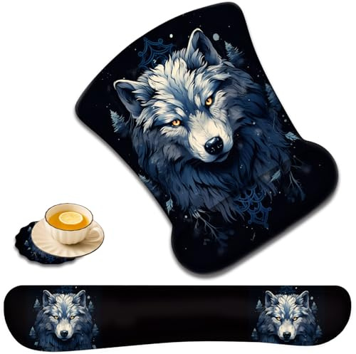 Keyboard Wrist Rest and Mouse Pad Wrist Support with Lace-Shaped Coaster Set, Ergonomic Gel Memory Foam and Anti-Slip Base, Easy Typing and Pain Relief - Night Moon Wolf