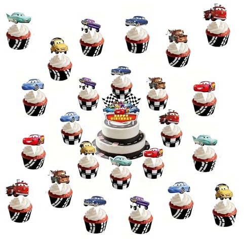 25pcs Racing Car Birthday Cake Toppers – Cartoon Car Theme Party Decorations for Kids Boys Girls, Cupcake Toppers Party Supplies for Birthday Cakes and Dessert Table