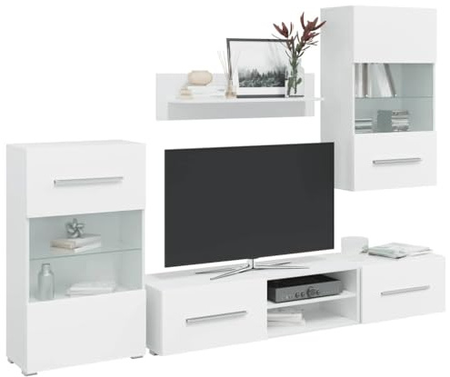 HETFTJN 5-teilige Wohnwand Vitrine Weiß mit LED Beleuchtung 240 x 40 x 195 cm Modernes TV Lowboard und Sideboard aus Holzwerkstoff für Wohnzimmer