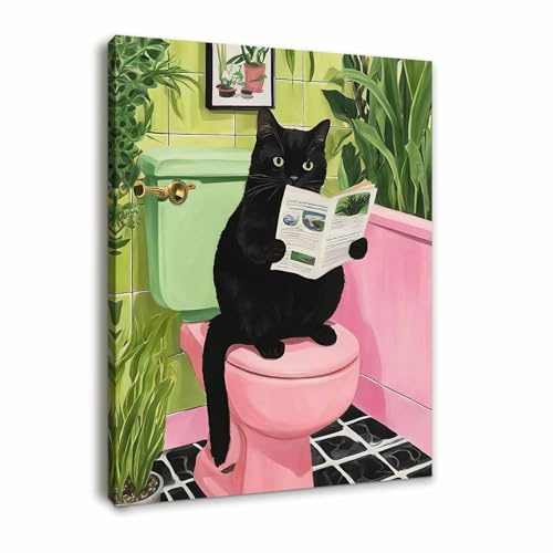 Galmcook Bathroom Wall Art Framed Canvas, Funny Cat Toilet Wall Decor, Animal Canvas Art, Humorous Bathroom Pictures and Prints, Wall Art for Living Room with Hooks and Magic Tape, 12x16 Inch
