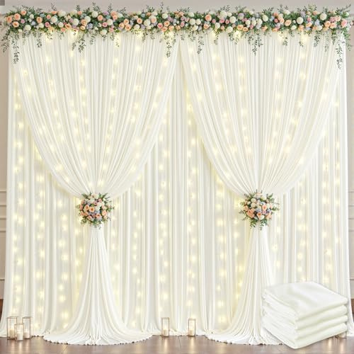20x10ft Cream White Backdrop Curtains with Lights String for Parties