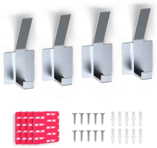 PDGROW 4 Stück Kleiderhaken, Selbstklebende Haken, Bademantel- & Handtuchhaken mit Schrauben & Extra Starker 3-M Klebefläche, Metall Wandhaken für Badezimmer, Schlafzimmer, Wohnzimmer, Flur, Silber