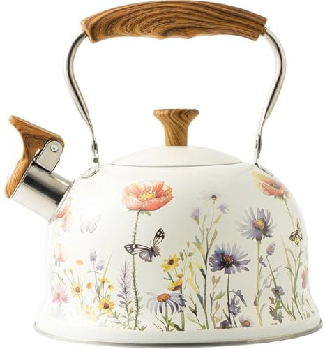 Vobumix Bollitore a Fischio 3 Litri con Motivo Floreale E Manico Antiscottatura, Bollitore Vintage per Piani Cottura a Gas E a Induzione.