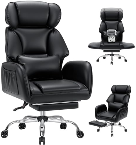 HOFFREE Schneidersitz Bürostuhl mit Fußstütze für Homeoffice,Schwarz | Ergonomischer Bürostuhl mit klappbaren Armlehnen und 135°Verstellbarer Rückenlehne,Leder Chefsessel 200kg für Büro