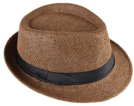 Strohhut Panama Fedora Trilby Gangster Hut Sonnenhut mit Stoffband Farbe:-Braun (Strohhut) Gr:-56