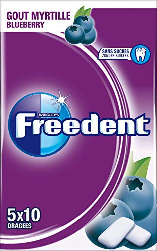FREEDENT - Myrtille - 5 Paquets de 10 dragées de Chewing-Gum sans sucres (Lot de 10)