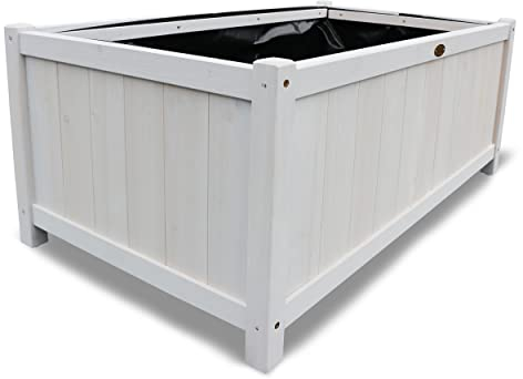 HABAU Pflanzkasten aus Holz, Hellgrau lasiert, mit passgenauer Pflanzfolie, 79 x 46 x 35 cm, ideal für Garten, Terrasse und Balkon