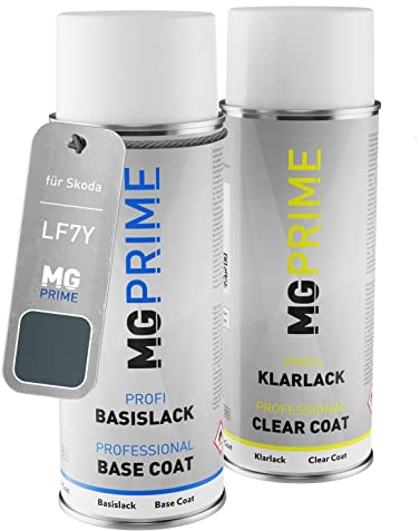 MG PRIME Autolack Sprühdosen Set für Skoda LF7Y / F6 Quarzgrau Metallic Basislack Klarlack Spraydose 400ml