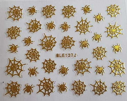 Halloween Nail Art 3D Silver Gems Stickers (BLE137J - Gold Spider Web)