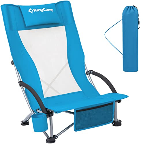 KingCamp Strandstuhl Klappbar Leicht, Niedrig Campingstuhl Strandstuhl Faltbar, 180 kg Belastbar, Klappstuhl Strand mit Armlehnen Getränkehalter Netztasche, Strandsessel Mesh Hochlehner, Blau