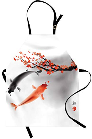 ABAKUHAUS japanisch Kochschürze, Koi-Karpfen-Fisch-Paar-Schwimmen mit Kirschblüten-Sakura-Zweig-Kultur-Design, Höhenverstellbar Klare Farben ohne verblassen, Orange Grau