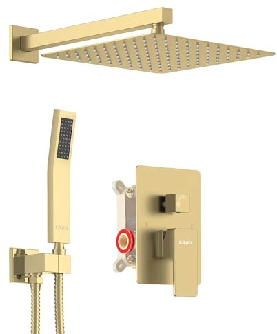 KOJOX Duschsystem Badezimmer Luxus 30,5 cm Regenduschkopf mit Handmischer Duschkombination Set Wandmontage Dusche Wasserhahn Verkleidung mit Ventilbürste Gold