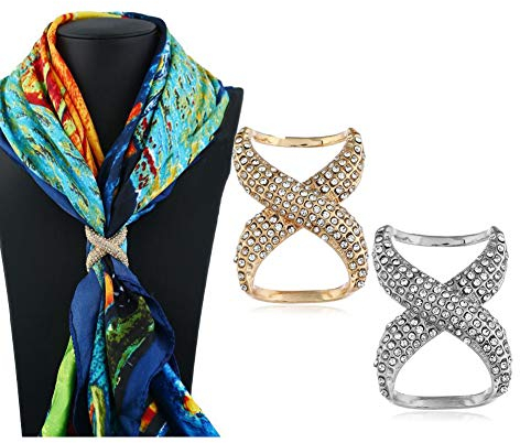 2 Pièces Femmes Filles Clips pour Foulard en Soie Stras Anneaux décharpe de Mode Boucle décharpes Bijoux Foulard en Soie Fermoir Accessoires de Décoration (Or + Argent)
