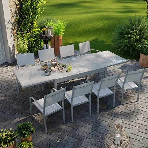Avril Paris Table de Jardin Extensible Aluminium 270cm + 8 fauteuils empilables textilène Gris-LIO 8