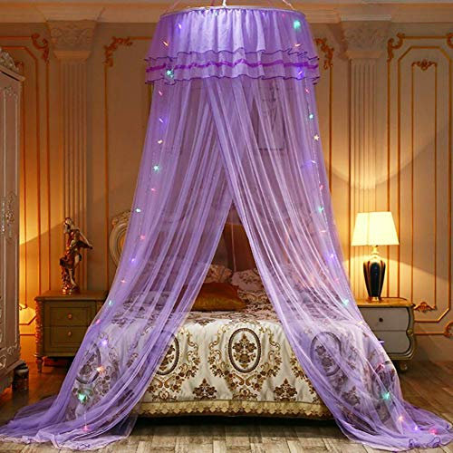 Valcatch Princess Bed Canopy with LED Light, Elegant Dome Bed Netting Canopy Curtains Mosquito Net for Single to King Size Beds, Mesh Bed Tent Bedroom Decorations, Quick Easy Installation