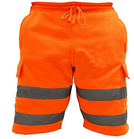 LJ Pantaloncini da lavoro da uomo ad alta visibilità, con tasche multiple, bande riflettenti ad alta visibilità, super morbidi e confortevoli, in pile, Arancione, M