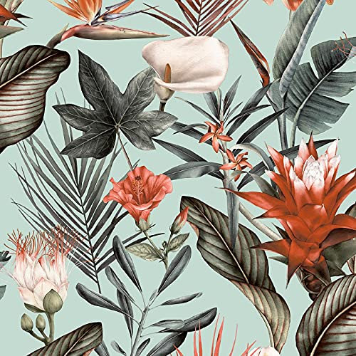 Flora Duck Egg Wallpaper Floral Tropical Jungle Orange Green Natural