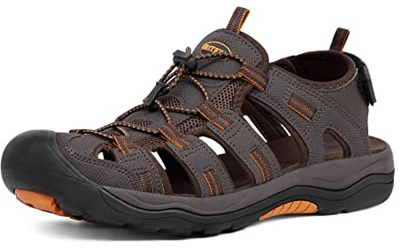 GRITION Sandalias de Senderismo Hombre, Deportivas Verano Trekking Punta Cerradas Playa Exterior, Ajustable Antideslizantes Zapatillas Casuales Caminar Agua Calzados Marrón Naranja 41EU