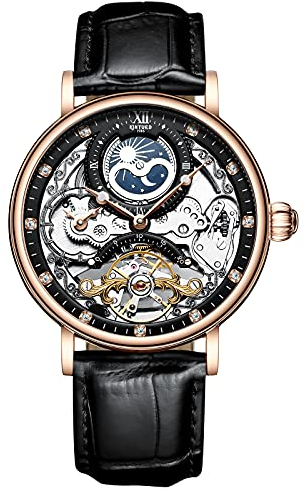 rorios Herren Uhren Mondphase Automatikuhr Mechanische mit Lederarmband Wasserdicht Skeleton Tourbillon Uhren Mode Diamant Uhren für Männer
