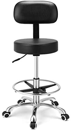 Kaleurrier Rolling Swivel Adjustable Heavy Duty Drafting Stool Chair for Salon,Medical,Office and Home uses,with Wheels and Back (Black with Footrest)