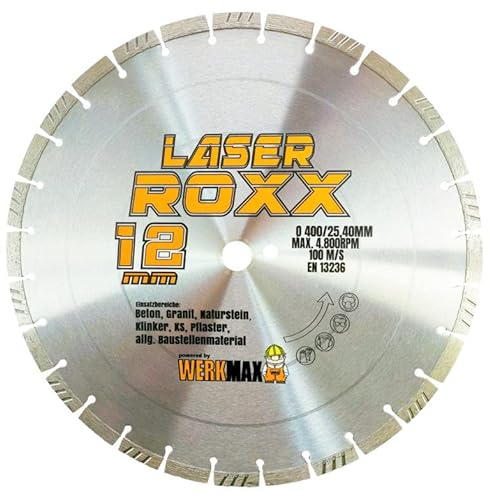 Werkmax Diamanttrennscheibe 400 x 25,4 mm - Laser Roxx, Diamantscheibe 400 mm, Für Beton, Pflasterstein, Ziegel, Granit, Naturstein