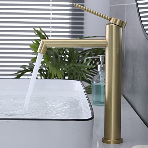 Wasserhahn Bad Hoch Waschtischarmatur Einhebel-Mischbatterie Badarmatur Waschbecken Badezimmer Kaltes und Heißes Wasser Vorhanden,Gebürstetes Gold,SHANFO M4OK-T