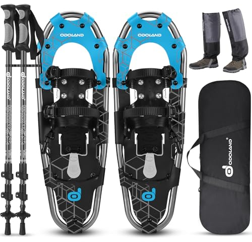 Odoland Ciaspole da Neve 4 in 1 con Alzatacco per Uomo Donna Gioventù, Racchette da Neve Set per Tutti i Terreni con Bastoncini Trekking, Ghette Gambe Impermeabile e Borsa Portatile, Nero Blu, L