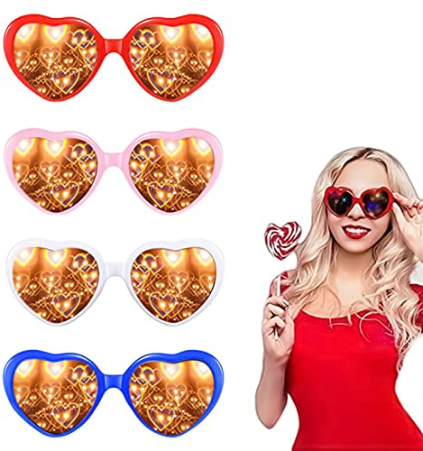 Eowppue Herz Brille Effekt 4 Stücke 3D Brille Beugungsbrille Mit Herz-Effekt Für Fasching Musikfestivals Party Bar Feuerwerk