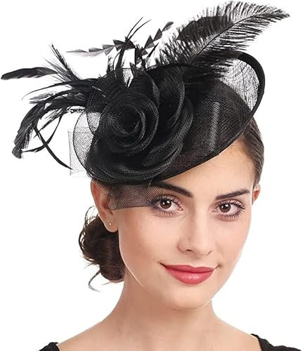 Women Fascinator Hat Flower Feather Mesh Veil Pillbox Hat Wedding Bridal Headdress Retro Cocktail Tea Hair Accessories with Clip for Church Banquet Dance Hen Party