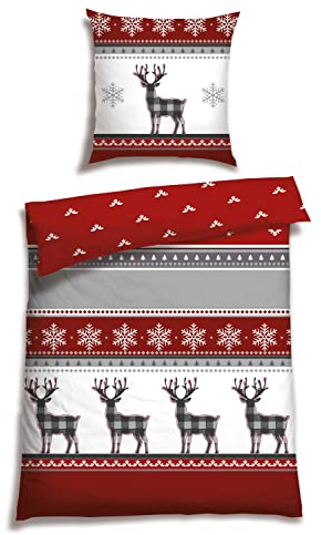 Schiesser Bettwäsche-Set Ritzu in kuscheliger Feinbiber-Qualität aus Reiner Baumwolle, Farbe:Rot und Weiß, Größe:155 x 220 cm + 80 x 80 cm