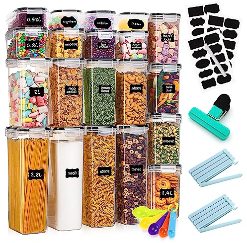 YUTUY Boite de Rangement Cuisine Lot de 20,Bocaux Hermetiques Alimentaires en Plastique Scellée avec Couvercle,avec Couvercle,Autocollants,Cuillères,pour Stocker Les cereales,farine,pâtes