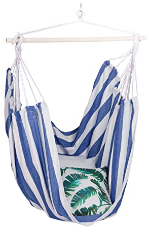 Relaxdays Hängesessel, Baumwolle, Deckenschaukel für drinnen & draußen, 150 kg, Hängesitz Kinder & Erwachsene, blau/weiß